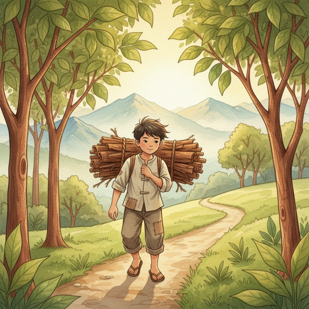 A boy carrying cinnamon bark through the hillside - illustration