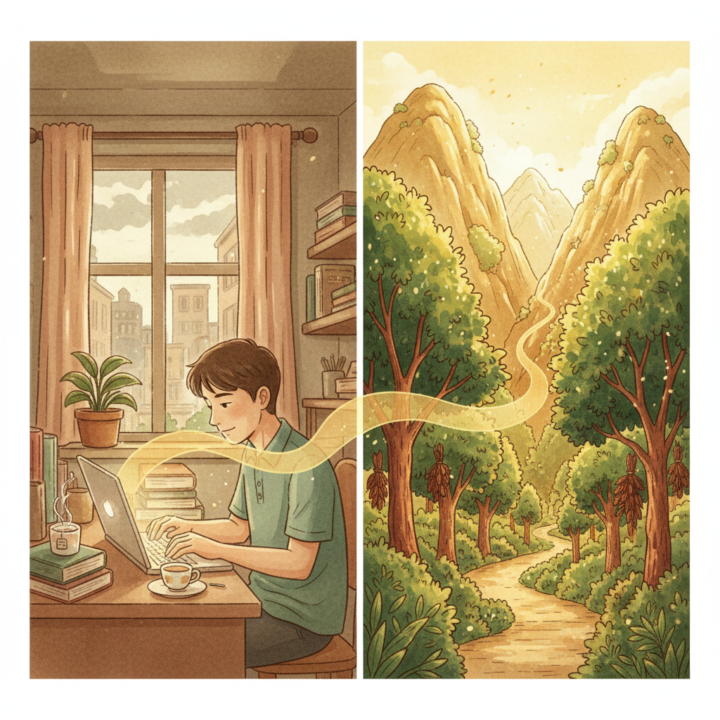 A young man in the city dreaming of cinnamon mountains - illustration
