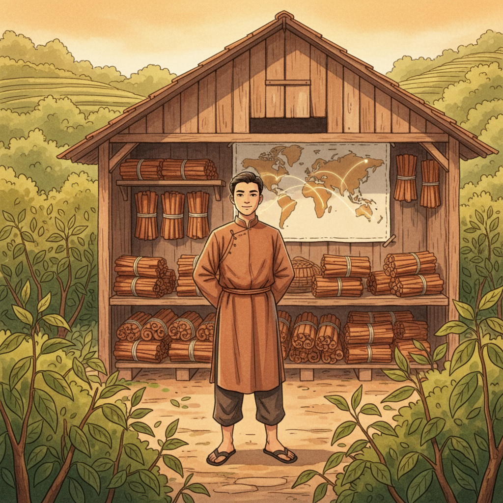Shipping cinnamon from village to the world - illustration